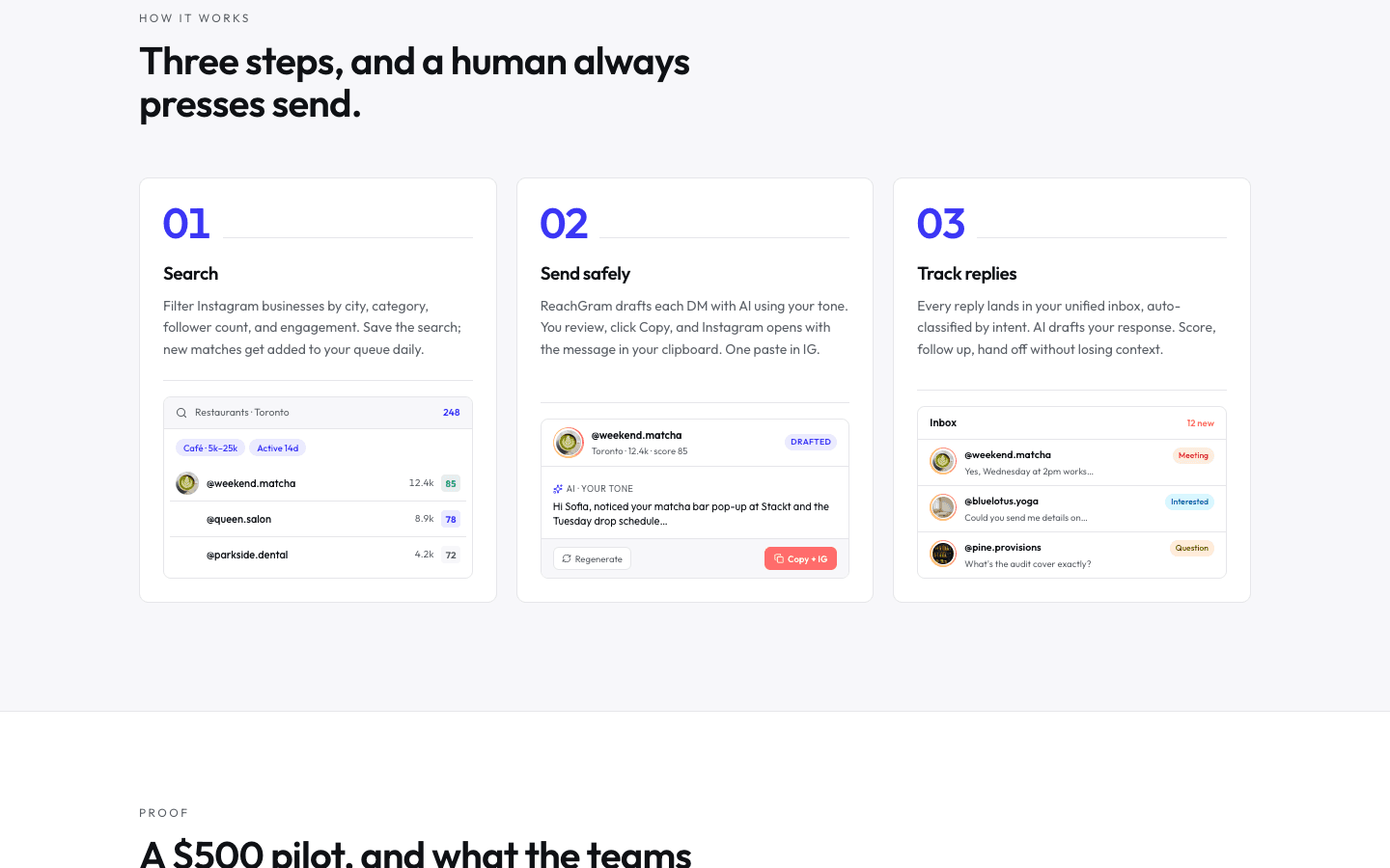 ReachGram landing section showing search, send safely, and track replies